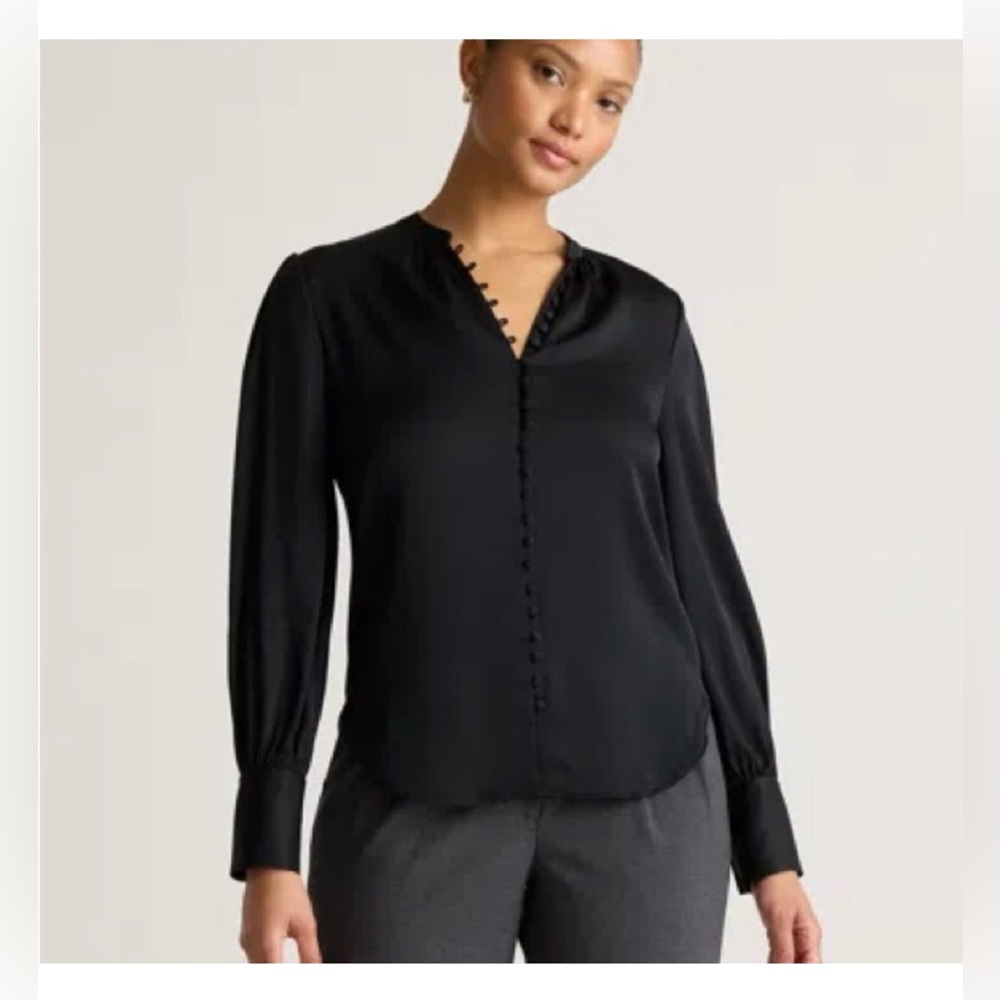 Quince Black Long-Sleeve Button Front Blouse